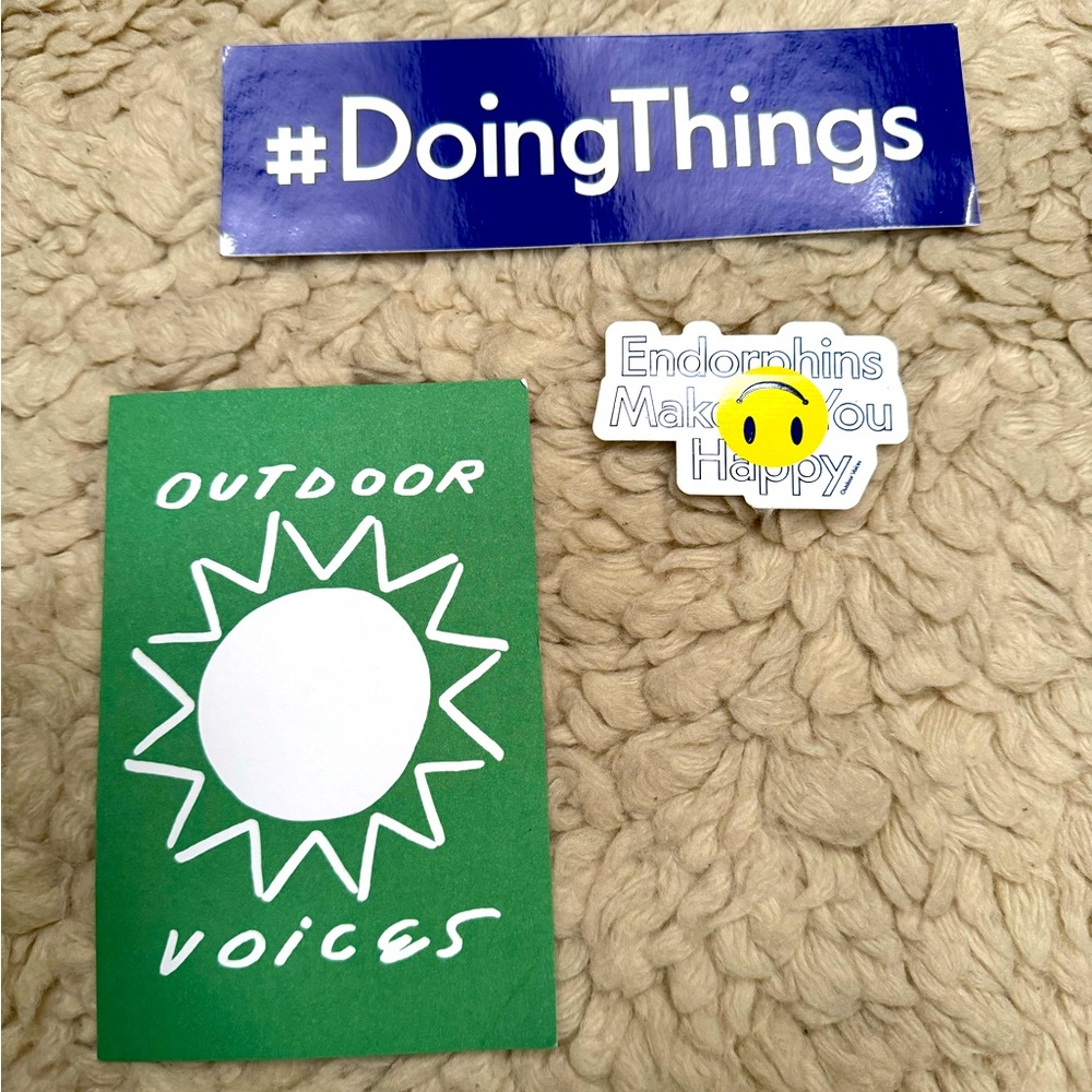 Outdoor Voices OG stickers and postcard